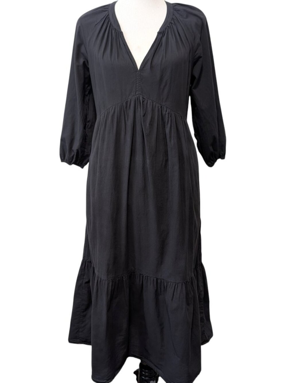 Xirena Women Sz S Vie Black Cotton Angled Empire Waist Ruffle Pockets Midi Dress